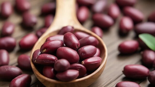 Close up of adzuki beans in a wooden spoon on a rustic wooden table surface