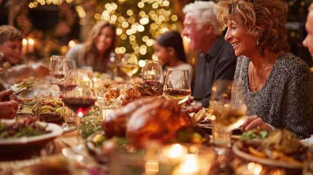 Group of people seated around a wooden table enjoying a meal with wine glasses, natural light, casual indoor dining scene. - Powered by Adobe