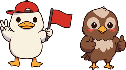 Cartoon duck and owl mascot characters, funny bird illustration, vector animal design, children’s character art, educational mascot, playful cartoon birdsCartoon duck and owl mascot characters