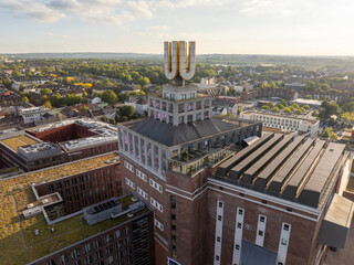 Dortmund U-Tower in Evening, Aerial Drone Shot. City skyline on the background in sunny day.