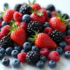 Obraz premium Assortment of fresh berries including strawberries, blueberries, raspberries, blackberries. Juicy mix of vibrant red, blue, black fruits piled together. Healthy organic produce for eating, baking,