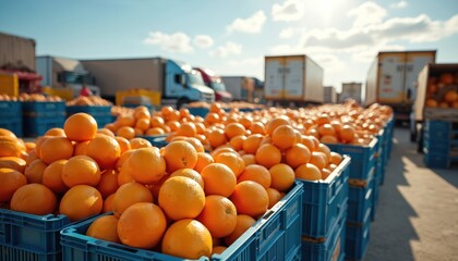 Oranges piled high in blue crates at a busy outdoor market. Delivery trucks are parked nearby, suggesting wholesale trade and distribution of fresh citrus produce.