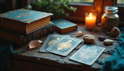Mystical tarot cards spread on rustic wood table with antique books crystals and lit candle. Fortune telling setup with spiritual items. Esoteric divination tools for insight and guidance.