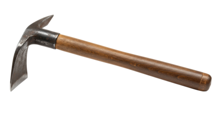Single pickaxe with wooden handle and metal head on a white background.