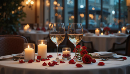 Obraz premium Romantic dinner for two with candles and roses in cozy restaurant setting