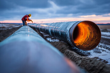 Fototapeta premium Industrial stock photo of worker with flashlight inspecting pipelines at night