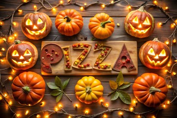 Halloween theme with jack o lantern pumpkins glowing in pizzeria pizza boxes table spooky restaurant atmosphere minimal background design template for advertising flyer poster banner branding 