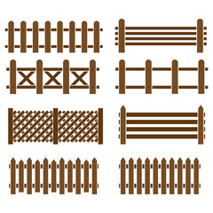 Assortment of wooden fences in various styles for landscaping and boundary definition.