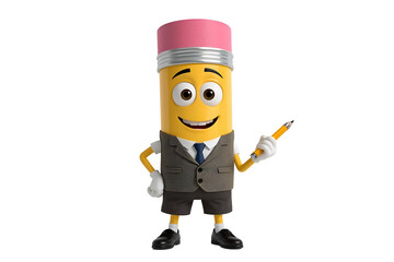 Fototapeta premium Cheerful yellow pencil character in suit holding a pencil isolated on a transparent background