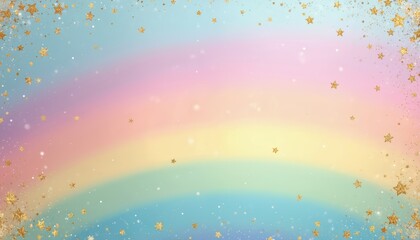 Pastel rainbow background features soft gradient colors. Gold glitter stars sparkle, creating magical, dreamy atmosphere. Charming design perfect for children events, parties, baby shower invites,