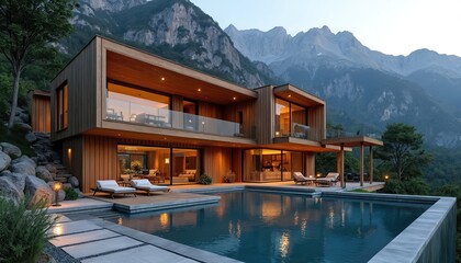 Fototapeta premium Modern wooden home with infinity pool set against dramatic mountain backdrop at twilight. Luxury villa offers outdoor lounging areas and expansive glass windows for scenic views.