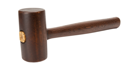 A classic dark brown wooden mallet for woodworking isolated.