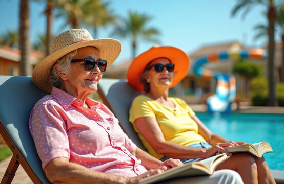 Two elderly women in hats relax on lounge chairs by a pool, reading books under a clear blue sky. Palm trees and a water slide are visible in the background, suggesting a resort vacation.
