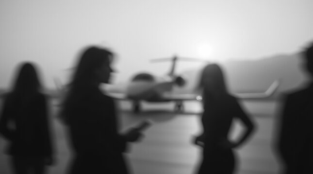 Blurred black and white image of business people standing on an airfield against the backdrop of a private jet at sunset. The scene conveys a sense of luxury, travel, and corporate meetings