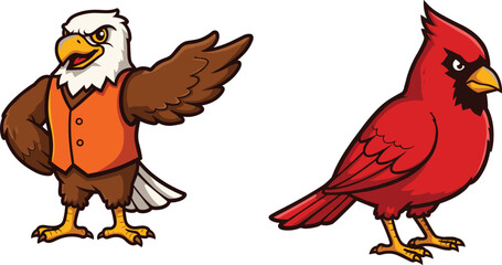 Cartoon eagle and cardinal mascot characters, vector bird illustration, animal design, children’s character art, school spirit logo, playful cartoon birds