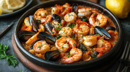Spanish-style seafood bake with prawns, mussels, squid and white fish in ceramic dish, garnished with parsley and lemon, festive dinner setup, copy space,