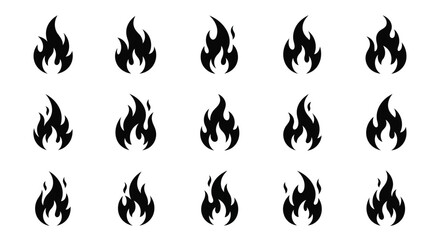 Vector illustration of set of fifteen black silhouette flame icons representing fire