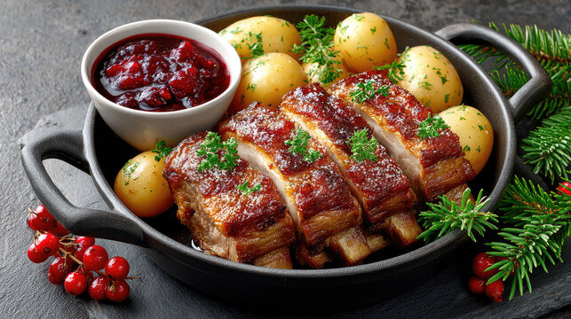 Traditional Norwegian Christmas ribbe, juicy roasted pork ribs, are beautifully presented with a rich cranberry sauce, fresh green beans, and golden potatoes, highlighting a festive holiday meal