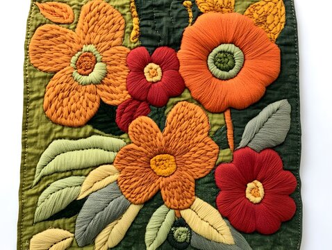 Vibrant punch needle floral art with textured orange and red flowers