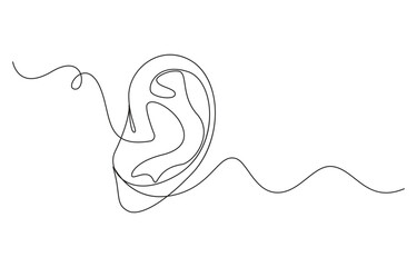One-line drawing of a human ear, Single Line Ear Outline, Ear in One Line Continuous Drawing, Minimalist Style, Continuous Line Art of Human Ears and Musical Note