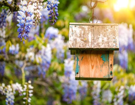 Wooden birdhouse, wisteria, sunlight - Powered by Adobe