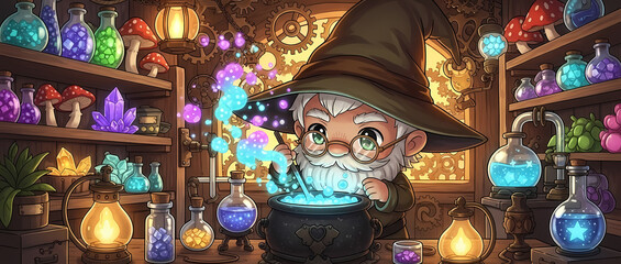 Naklejka premium Cute cartoon wizard stirring a glowing blue potion in a magical alchemy workshop filled with colorful bottles, crystals, mushrooms, and steampunk-inspired gears.