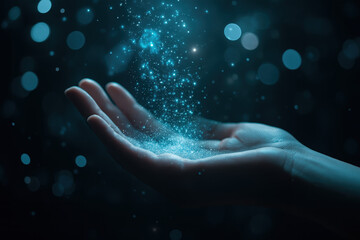 Fototapeta premium Hands Holding Glowing Blue Particles - Magical Energy and Mystical Light.