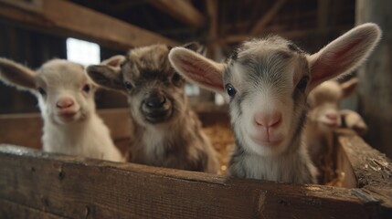 Goat kids stand in the wooden barn as curious goat kids gaze around. The barn is filled with hay, and playful goat kids interact lively in their cozy space.