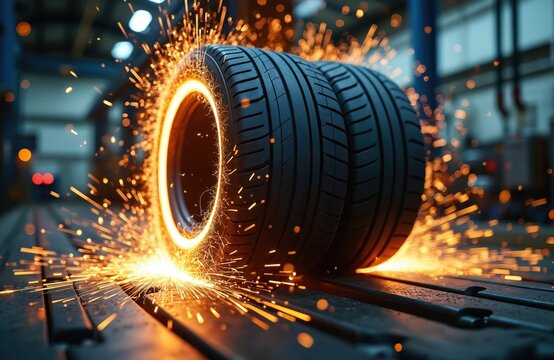 Car tires spin rapidly on testing machine creating bright sparks. High speed friction generates intense heat and light in automotive workshop.