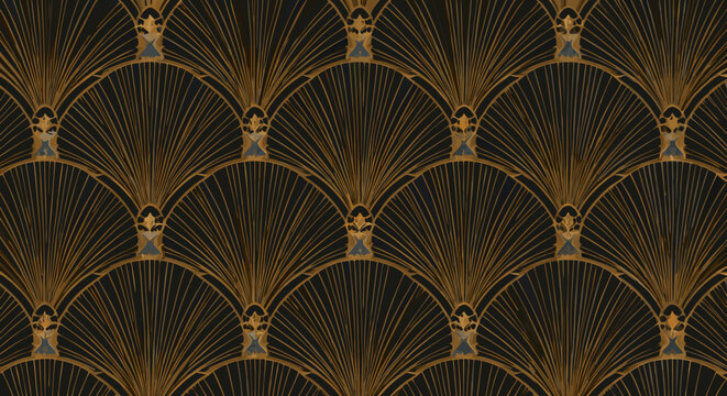 Art Deco Fan Pattern with Geometric Gold and Black Design.