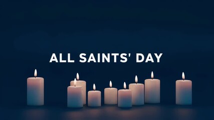 Several lit white candles stand against a blue background with the text "All Saints' Day", creating a calm and solemn atmosphere for religious holiday and remembrance