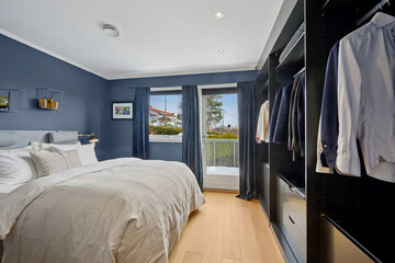 Modern luxury bedroom interior in minimal scandinavian style, 3d render