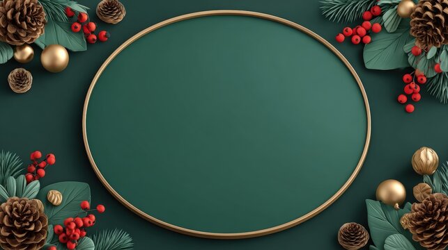 Festive holiday background with pinecones, red berries, and gold ornaments surrounding an empty green oval frame on a dark green backdrop.