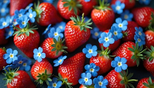 Ripe red strawberries with green leaves and small blue flowers. Fresh fruit and flowers arranged together in vibrant colorful display. Strawberries and forget-me-not flowers in close-up view.