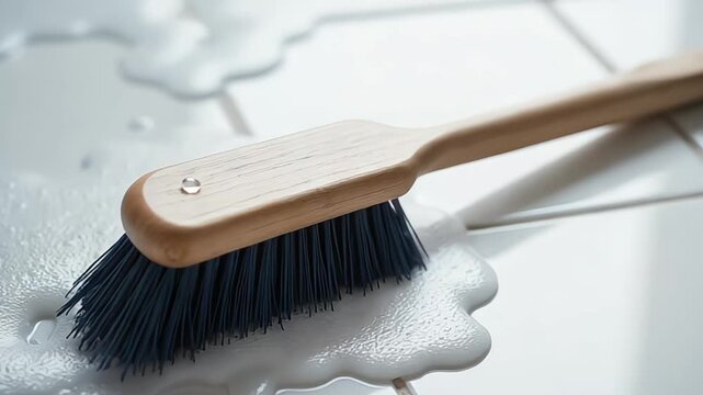 Cleaning brush on a tiled surface with spilled liquid soap creating foamy puddles