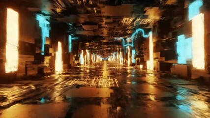 Futuristic corridor glowing with neon blue energy streams and golden light pillars reflecting on wet metallic floor in endless sci-fi tunnel perspective - Powered by Adobe