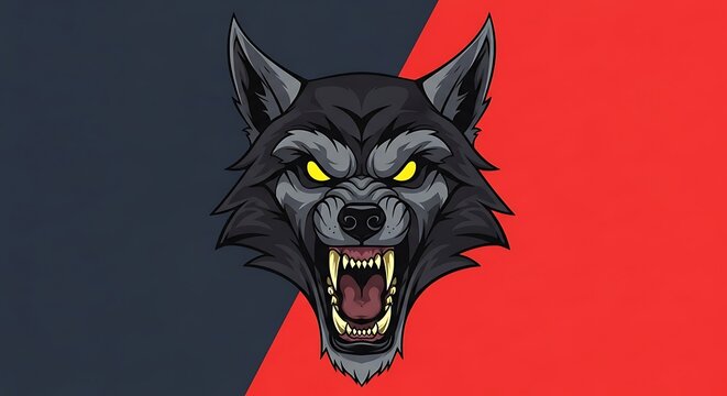 Fierce Wolf Head With Glowing Eyes and Bared Teeth.