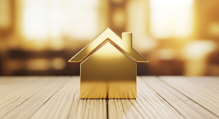 Stunning golden house icon reflecting light symbolizes home ownership and real estate dreams on rustic wood surface, perfect for financial growth campaigns