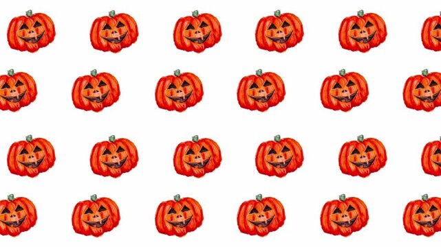 Seamless stop-motion animation of happy smiling pumpkin pattern on Halloween. A creative and joyful animated background with a repeating image of a happy Jack the Pumpkin, perfect for holiday projects