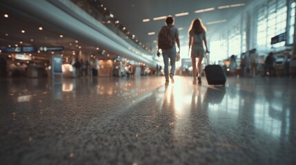 Fototapeta premium A man and woman walk together through the airport, where the man's backpack and the woman's luggage roll beside them. The airport floor reflects the figures of the man and woman.