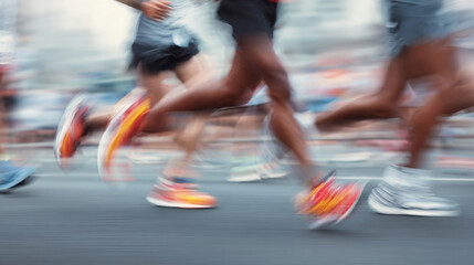 Runners' legs blurred in motion during a city marathon