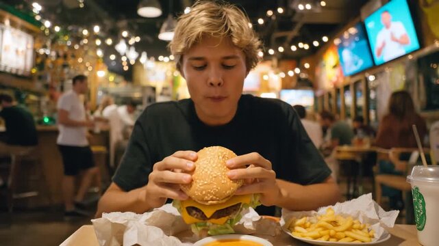 Young man eating large burger with fries in casual restaurant interior decorated with warm string lights