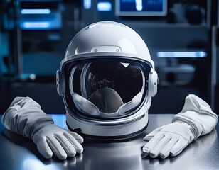 Astronaut's Ready: Space Helmet and Gloves Prepared for Exploration, a Vision of Futuristic Space Travel and Discovery
