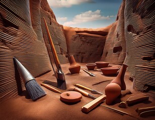 Clay Dreams: Pottery Tools and Vessels in a Woven Landscape Under a Bright, Distant Sky