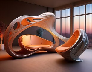 Contemporary Living Space Featuring Sculptural Seating, Natural Light and Warm Tones Creating an Inviting Ambiance