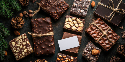 Flat lay of assorted Spanish turrón including hard almond, soft nougat ,chocolate covered varieties, arranged with festive holiday decor and blank label tag, traditional Christmas sweets, copy space