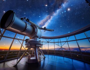 Gazing into the Cosmos: A Powerful Telescope Observes the Milky Way from an Observatory at Sunset, Revealing the Universe's Wonders