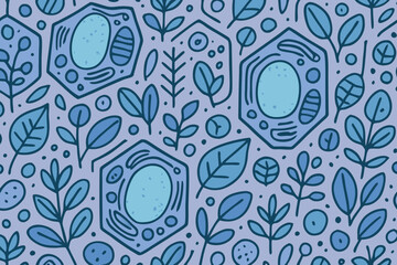 Fototapeta premium Seamless Blue Botanical Pattern Featuring Plant Cells and Leaves.