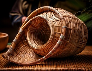 Handcrafted Woven Basket: A Close-Up of Traditional Asian Artistry and Design with Intricate Bamboo Weaving