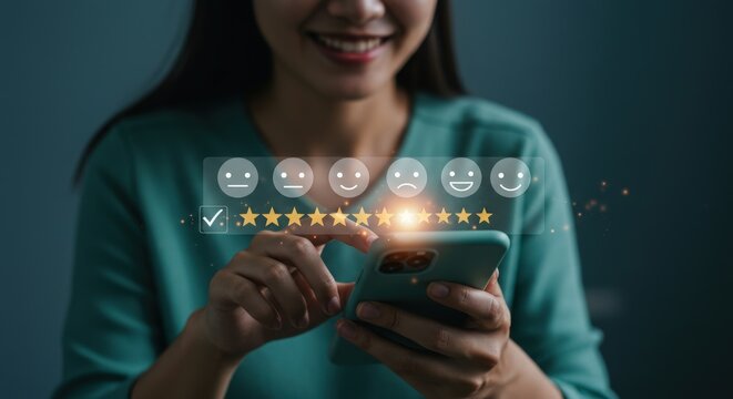 Woman gives a positive online review using her smartphone